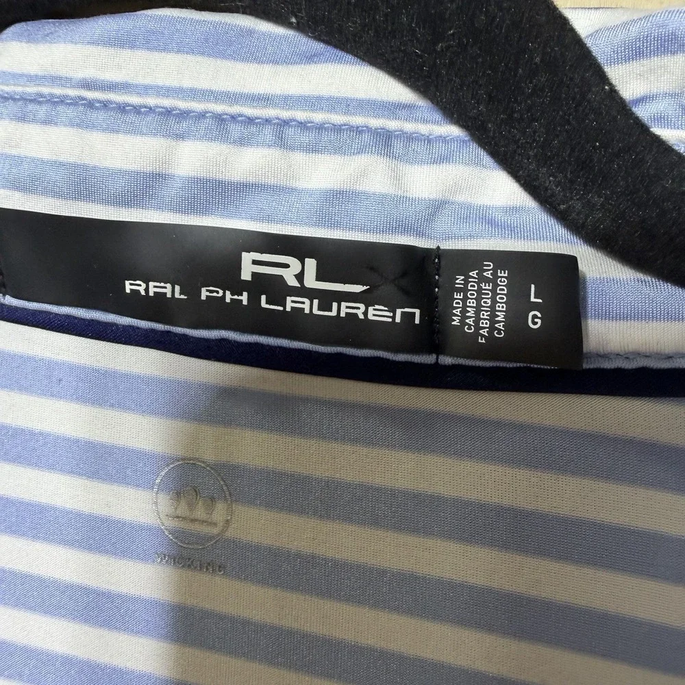 RL Ralph Lauren‎ Polo Shirt Mens L Blue White Striped Golf Stretch Performance